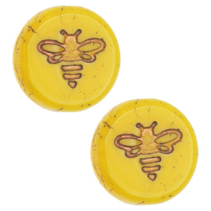 Czech Glass Beads, Pressed Coin with Bee 12mm, Yolk Yellow Opaque with Dark Bronze Wash, by Raven's Journey (1 Strand)