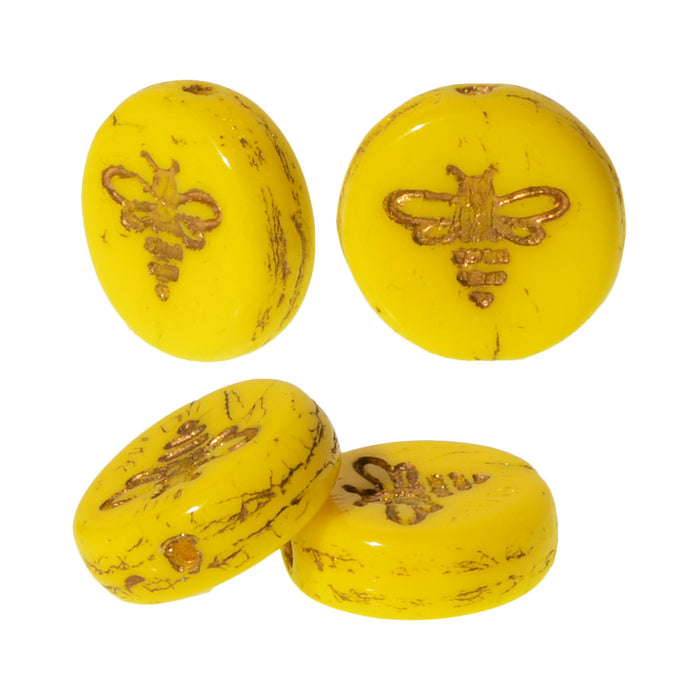 Czech Glass Beads, Pressed Coin with Bee 12mm, Yolk Yellow Opaque with Dark Bronze Wash, by Raven's Journey (1 Strand)