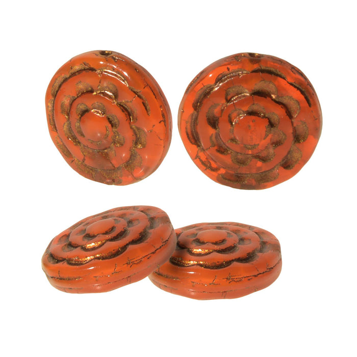 Czech Glass Beads, Sepal Flower Spiral 13mm, Orange Opaline with Dark Bronze Wash, by Raven's Journey (1 Strand)