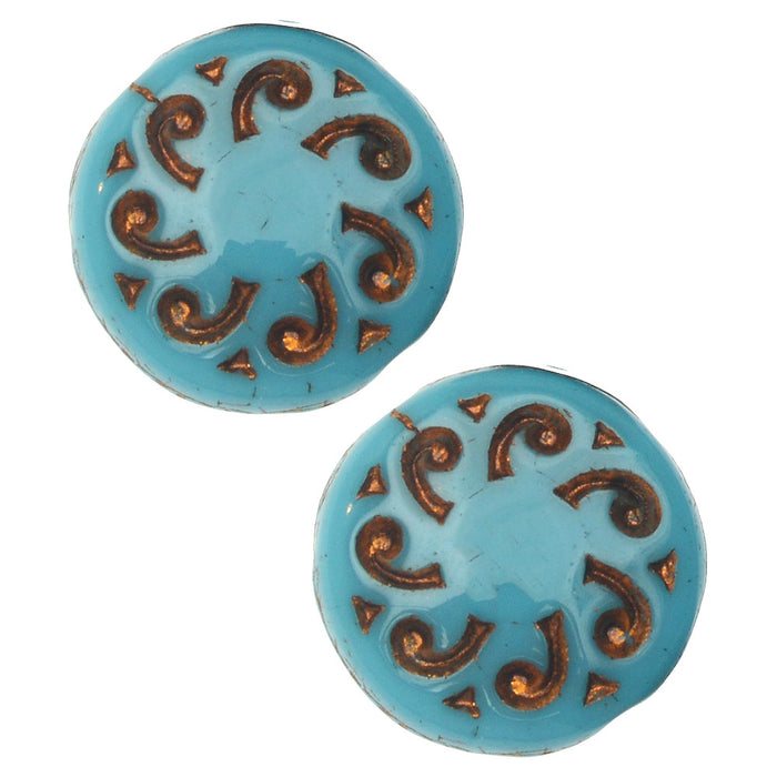 Czech Glass Beads, Sun Wheel 13mm, Teal Blue Opaque with Dark Bronze Wash, by Raven's Journey (1 Strand)