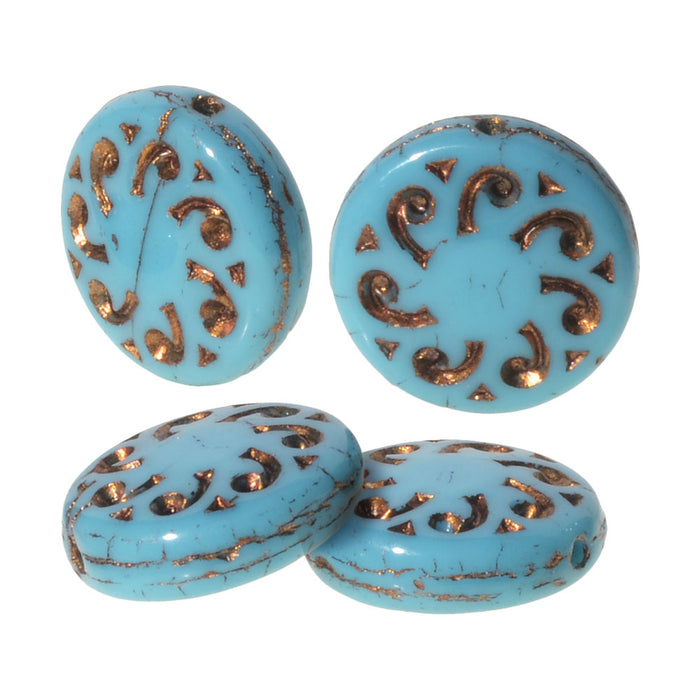 Czech Glass Beads, Sun Wheel 13mm, Teal Blue Opaque with Dark Bronze Wash, by Raven's Journey (1 Strand)
