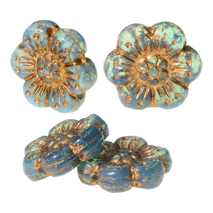 Czech Glass Beads, Wild Rose Flower 14mm, Aqua Blue Opaline with Dark Bronze Wash, by Raven's Journey (1 Strand)