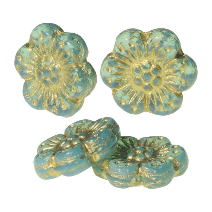 Czech Glass Beads, Wild Rose Flower 14mm, Aqua Opaline with Gold Wash, by Raven's Journey (1 Strand)