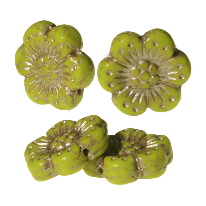 Czech Glass Beads, Wild Rose Flower 14mm, Gaspeite Green Opaque with Platinum Wash, by Raven's Journey (1 Strand)