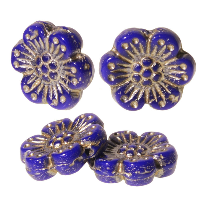 Czech Glass Beads, Wild Rose Flower 14mm, Lapis Blue Opaque with Platinum Wash, by Raven's Journey (1 Strand)