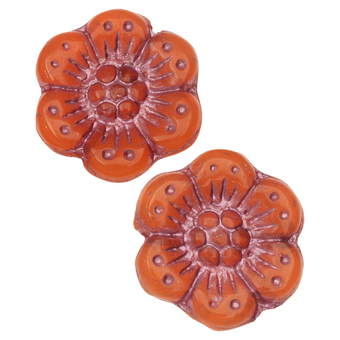 Czech Glass Beads, Wild Rose Flower 14mm, Orange Opaline with Pink Wash, by Raven's Journey (1 Strand)