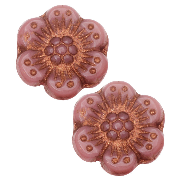 Czech Glass Beads, Wild Rose Flower 14mm, Pink Opaque with Copper Wash, by Raven's Journey (1 Strand)