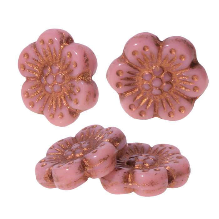 Czech Glass Beads, Wild Rose Flower 14mm, Pink Opaque with Copper Wash, by Raven's Journey (1 Strand)
