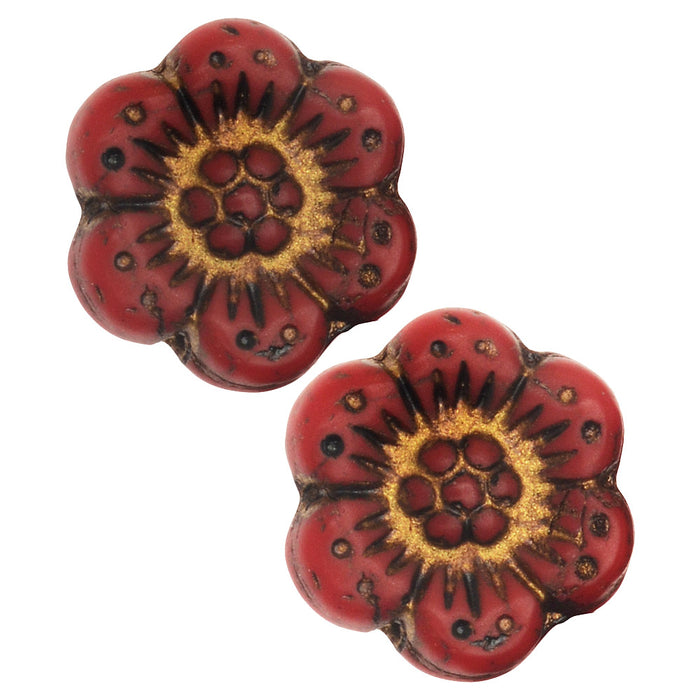 Czech Glass Beads, Wild Rose Flower 14mm, Red Opaque with Dark Bronze Wash, by Raven's Journey (1 Strand)