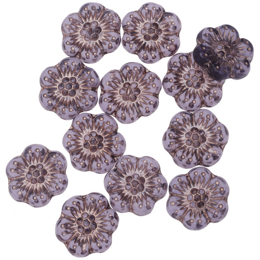 Czech Glass Beads, Wild Rose Flower 14mm, Tanzanite Purple Transparent with Platinum Wash, by Raven's Journey (1 Strand)