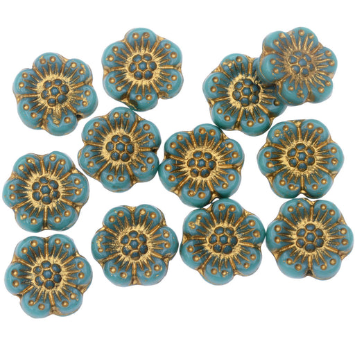 Czech Glass Beads, Wild Rose Flower 14mm, Turquoise Opaque with Gold Wash, by Raven's Journey (1 Strand)