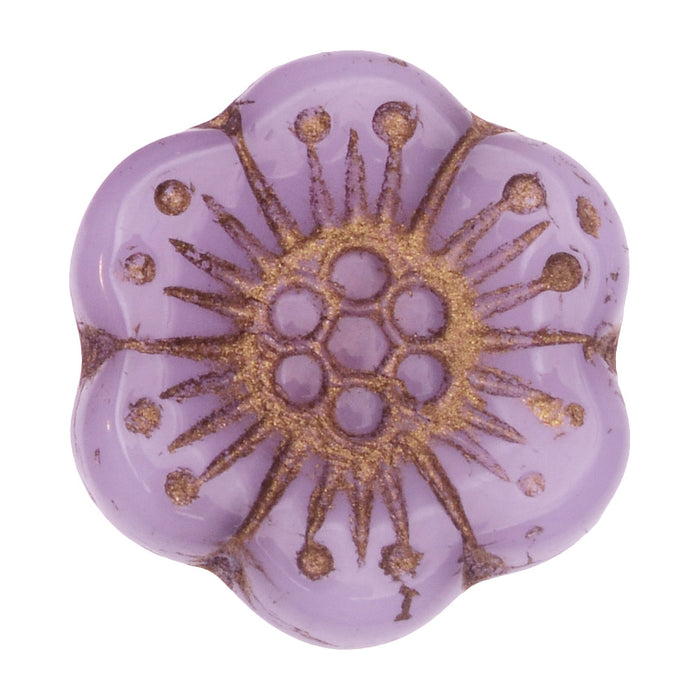 Czech Glass Beads, Wild Rose Flower 18mm, Lilac Purple Opaline with Dark Bronze Wash, by Raven's Journey (1 Strand)