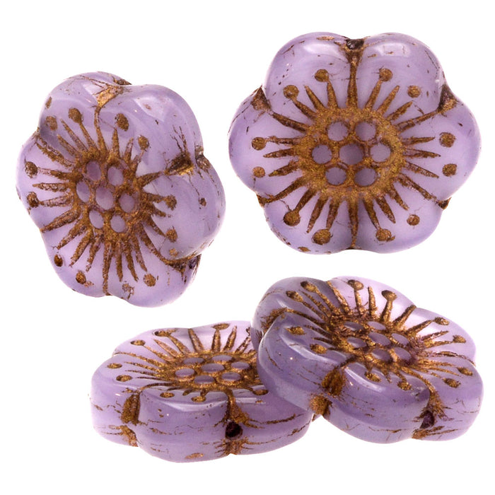 Czech Glass Beads, Wild Rose Flower 18mm, Lilac Purple Opaline with Dark Bronze Wash, by Raven's Journey (1 Strand)