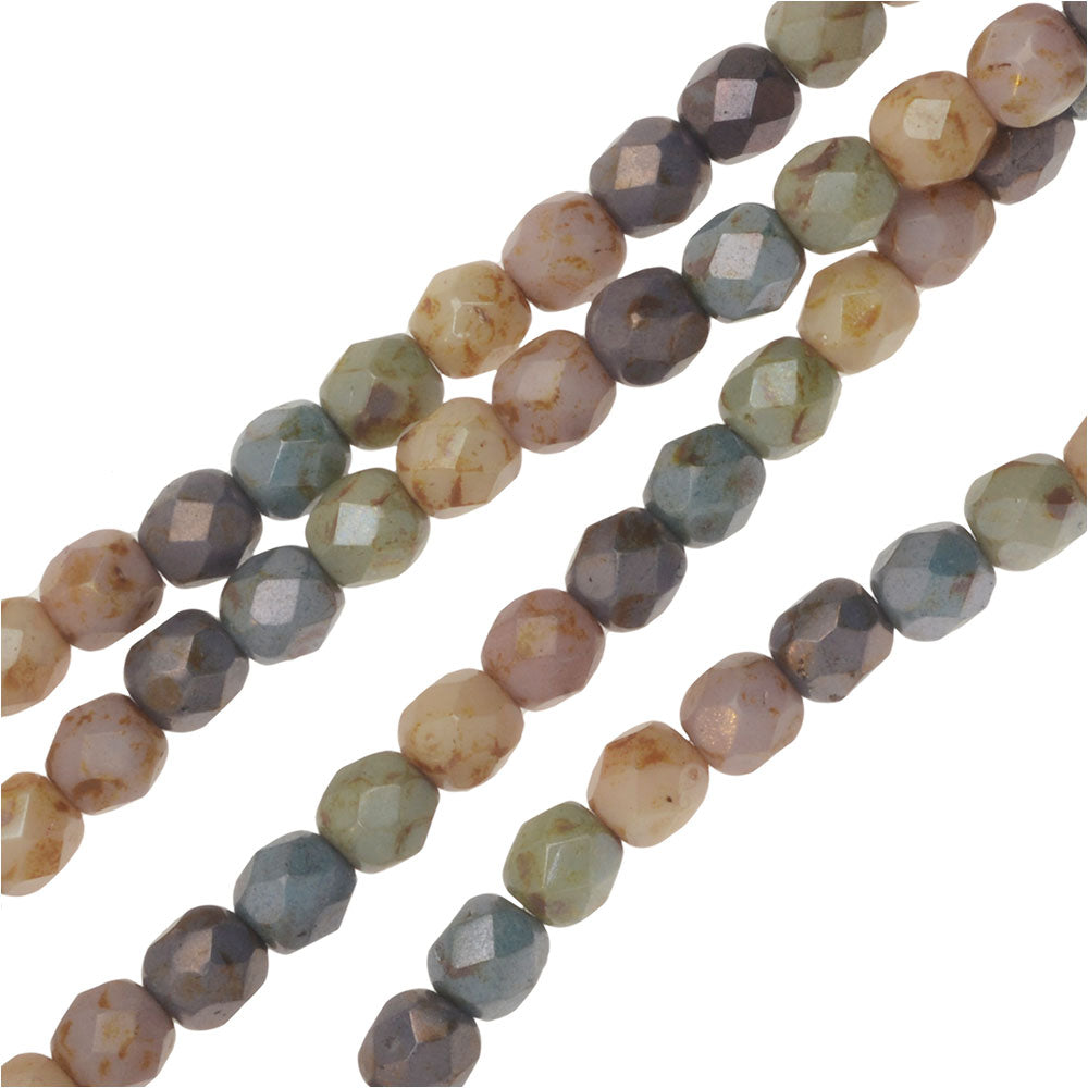 Czech Glass Beads, Faceted Round 4mm, Rainbow Mix Opaque with Picasso Finish, by Raven's Journey (1 Strand)