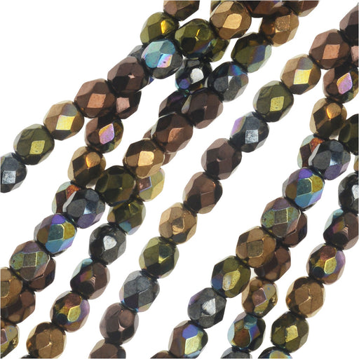 Czech Glass Beads, Faceted Round 4mm, Metallic Rainbow Finish Mix, by Raven's Journey (1 Strand)