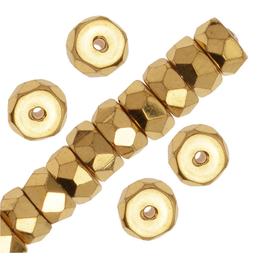 Czech Fire Polished Glass Beads, Rondelle 6x3mm, Aurum Gold Full-Coat (50 Pieces)