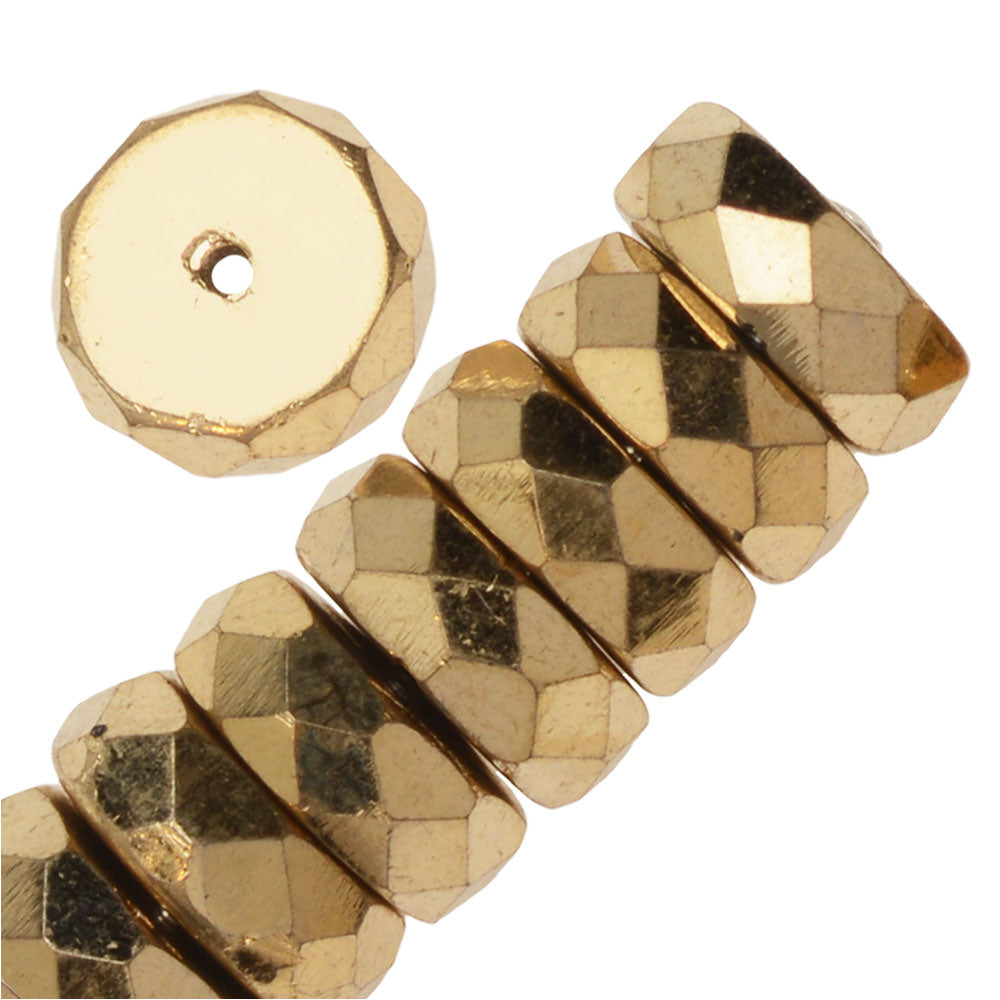 Czech Fire Polished Glass Beads, Rondelle 10x4mm, Aurum Gold Full-Coat (1 Strand)