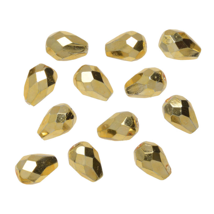 Czech Fire Polished Glass Beads, Teardrop 10x7mm, Aurum Gold Full-Coat (1 Strand)