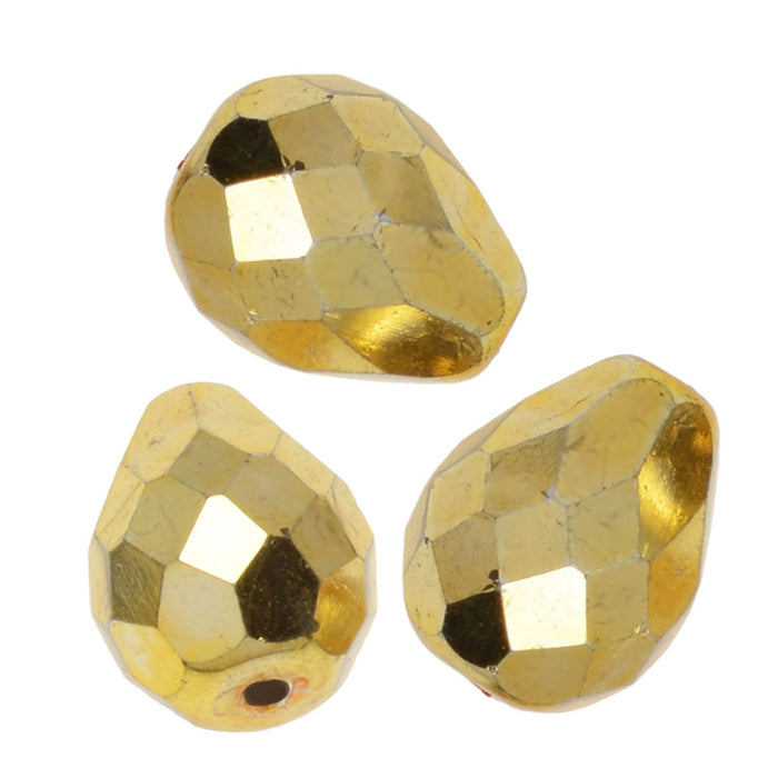 Czech Fire Polished Glass Beads, Teardrop 13x10mm, Aurum Gold Full-Coat (1 Strand)