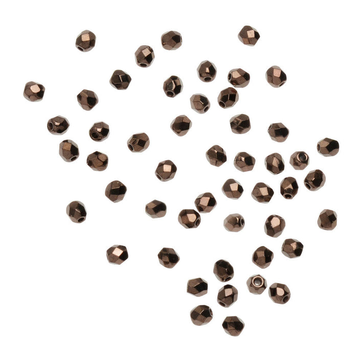 Czech Fire Polished Glass Beads, Round 3mm, Antique Copper Full-Coat (50 Pieces)