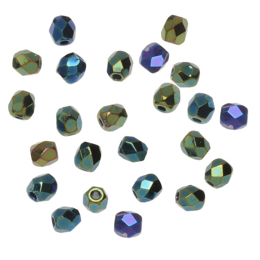 Czech Fire Polished Glass Beads, Round 3mm, Green Iris Full-Coat (1 Strand)