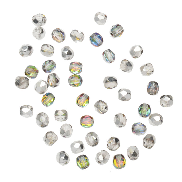 Czech Fire Polished Glass Beads, Round 4mm, Crystal Vitrail Medium Half-Coat (50 Pieces)