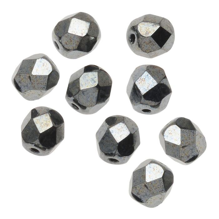 Czech Fire Polished Glass Beads, Round 6mm, Hematite, (1 Strand)