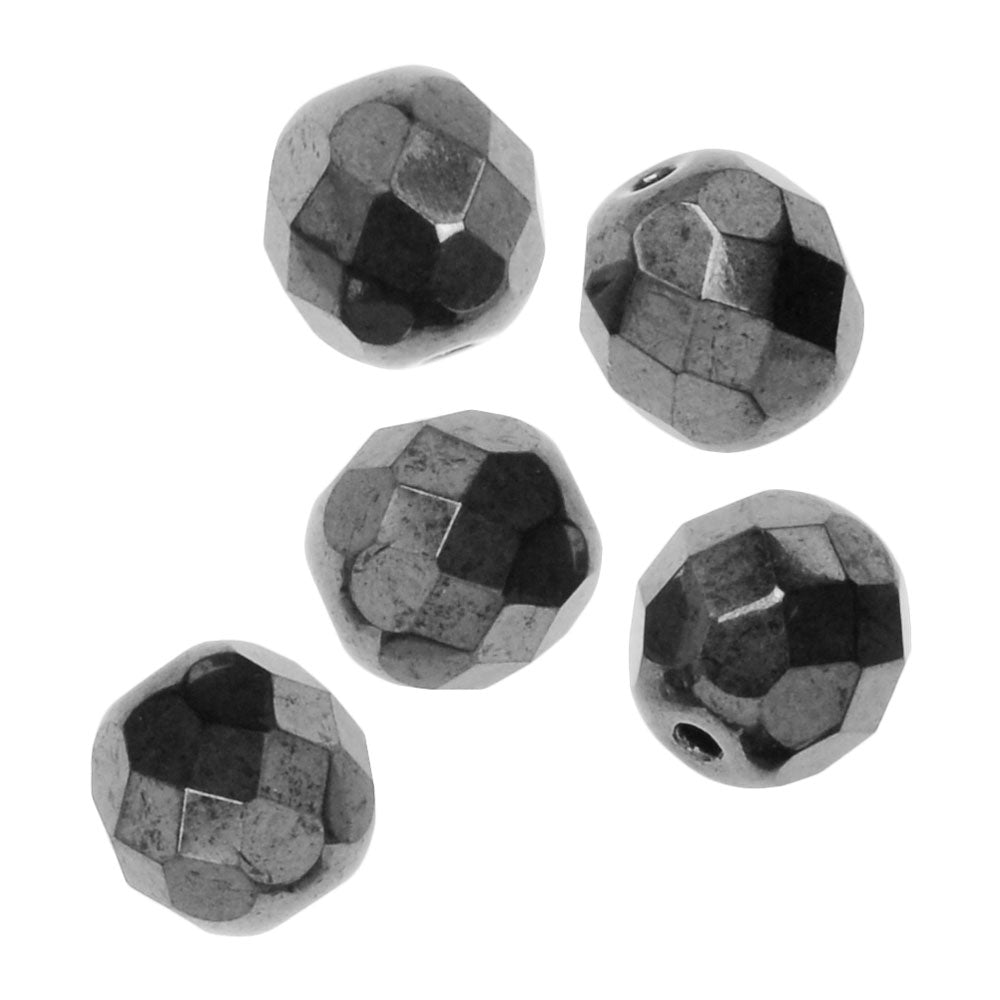 Czech Fire Polished Glass Beads, Round 8mm, Hematite Full-Coat (25 Pieces)