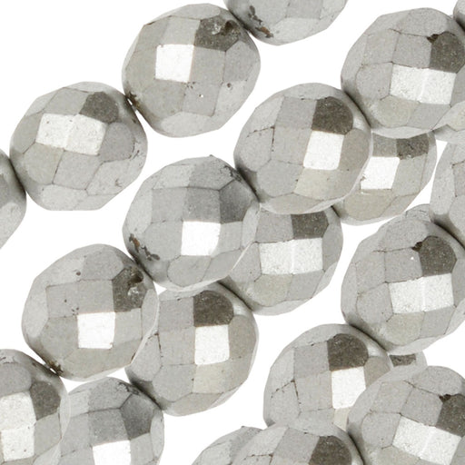 Czech Fire Polished Glass Beads, Round 8mm, Matte Silver Full-Coat (1 Strand)
