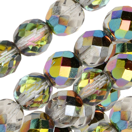 Czech Fire Polished Glass Beads, Round 8mm, Crystal Vitrail Medium Half-Coat (1 Strand)