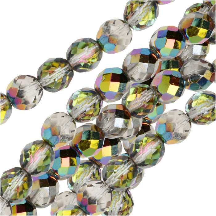 Czech Fire Polished Glass Beads, Round 8mm, Crystal Vitrail Medium Half-Coat (1 Strand)