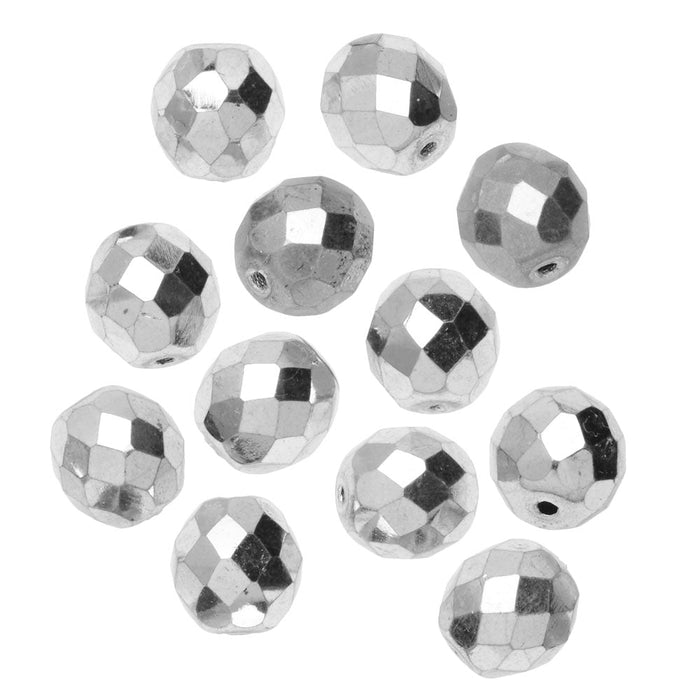 Czech Fire Polished Glass Beads, Round 10mm, Silver Full-Coat