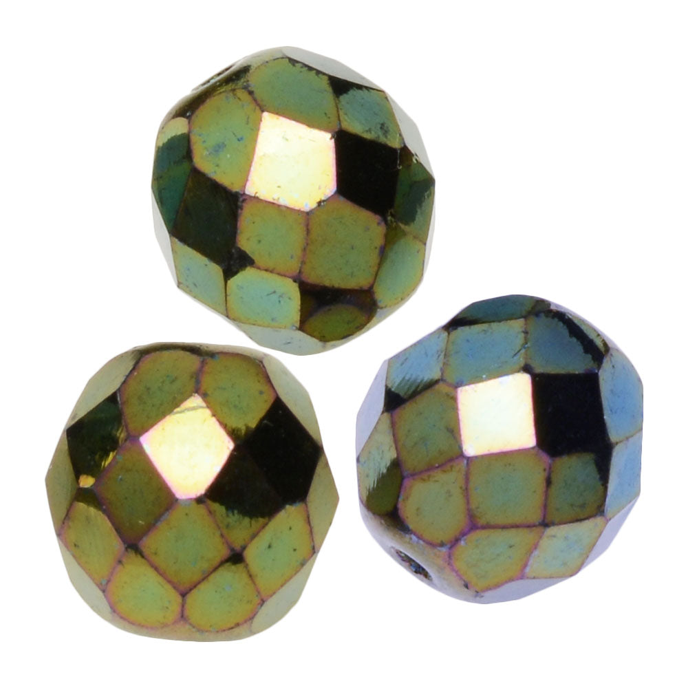 Czech Fire Polished Glass Beads, Round 12mm, Green Iris Full-Coat (1 Strand)