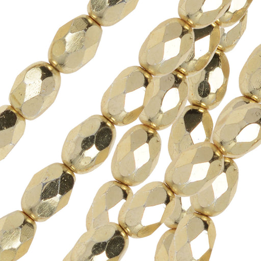 Czech Fire Polished Glass Beads, Oval 7x5mm, Aurum Gold Full-Coat (1 Strand)