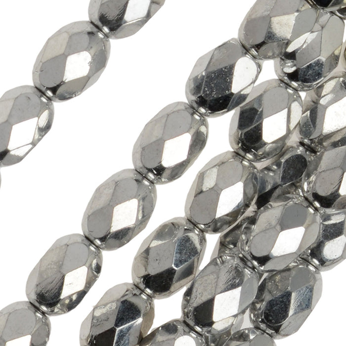 Czech Fire Polished Glass Beads, Oval 7x5mm, Silver Full-Coat (1 Strand)