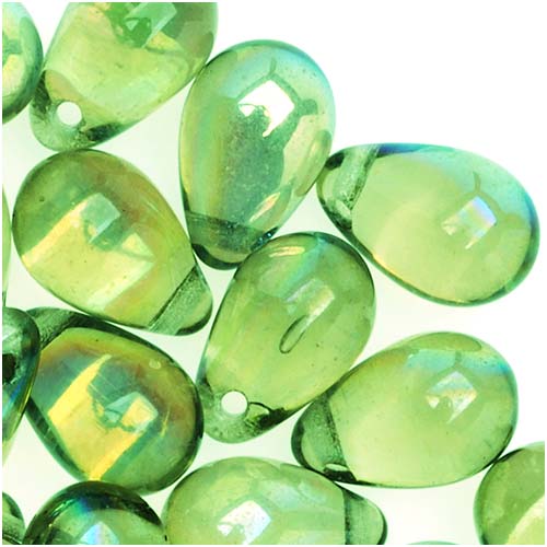 Czech Glass Beads 9mm Teardrop Peridot Green AB (1 Strand