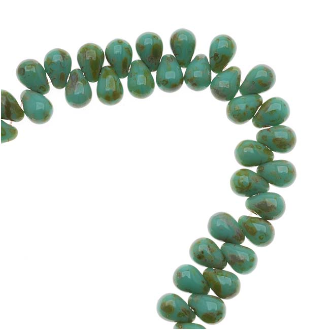 Czech Glass Teardrop Beads 6x4mm 'Opaque Turquoise Picasso' (50 pcs)