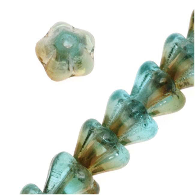 Czech Glass Beads Flower Beadcaps 6x4.5mm Aqua Celsian (1 Strand)