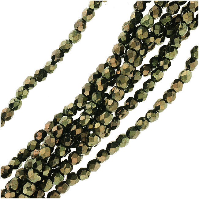 Czech Fire Polished Glass Beads 3mm Round 'Metallic Green' (50 pcs)