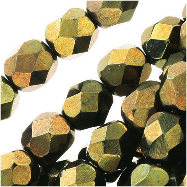 Czech Fire Polished Glass Beads 6mm Round Metallic Green (1 Strand)