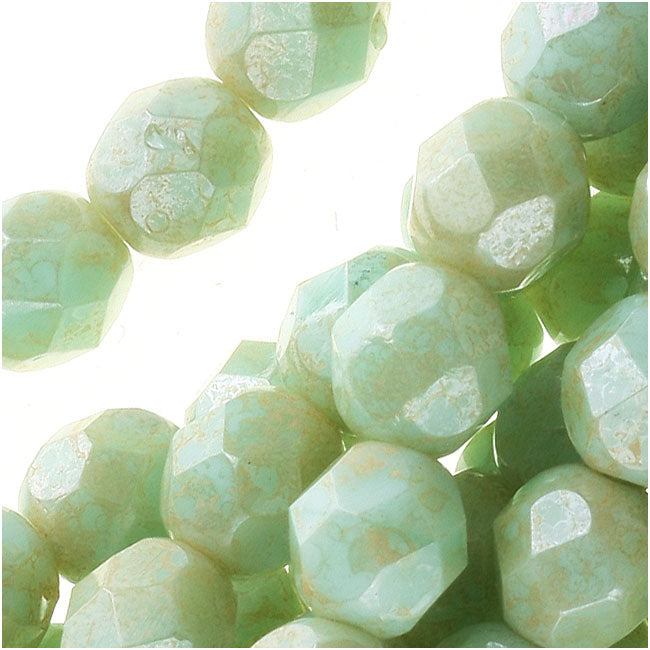 Czech Fire Polished Glass Beads 6mm Round Opaque Pale Turquoise Star Dust (1 Strand)