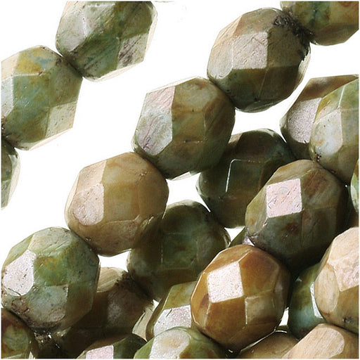 Czech Fire Polished Glass Beads 6mm Round Opaque Green Luster (1 Strand)