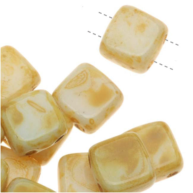 CzechMates Glass 2-Hole Square Tile Beads 6mm 'Opaque White Picasso' (1 Strand)