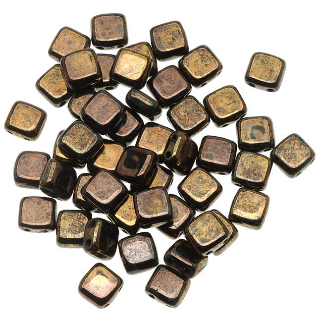 CzechMates Glass 2-Hole Square Tile Beads 6mm 'Jet Bronze Picasso' (1 Strand)