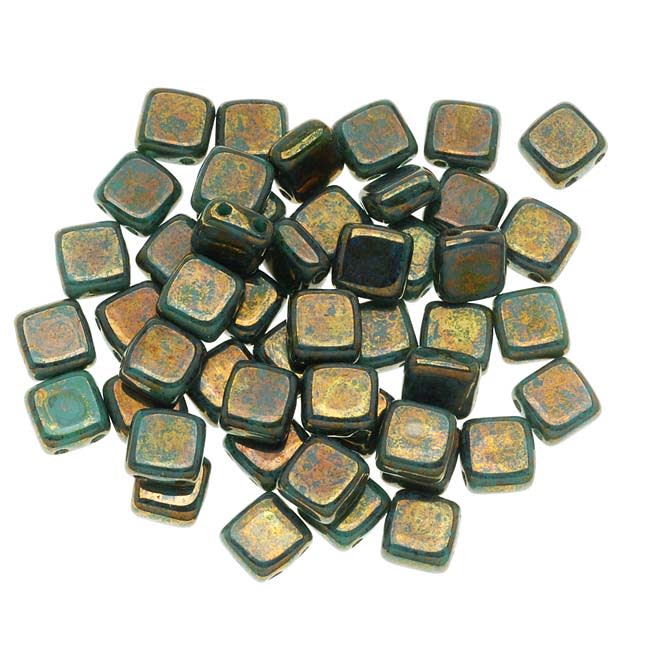 CzechMates Glass 2-Hole Square Tile Beads 6mm 'Bronze Picasso / Turquoise' (1 Strand)