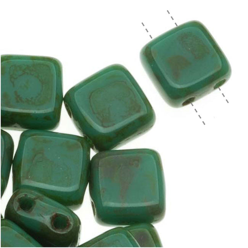 CzechMates Glass 2-Hole Square Tile Beads 6mm 'Persian Turquoise Picasso' (1 Strand)