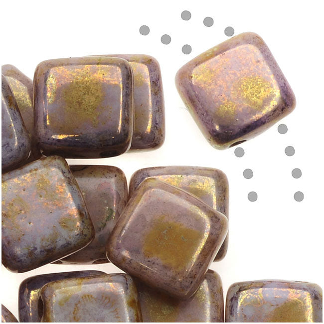 CzechMates Glass 2-Hole Square Tile Beads 6mm Opaque Gold / Smokey Topaz Luster (1 Strand)