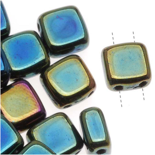 CzechMates Glass 2-Hole Square Tile Beads 6mm 'Green Iris' (1 Strand)