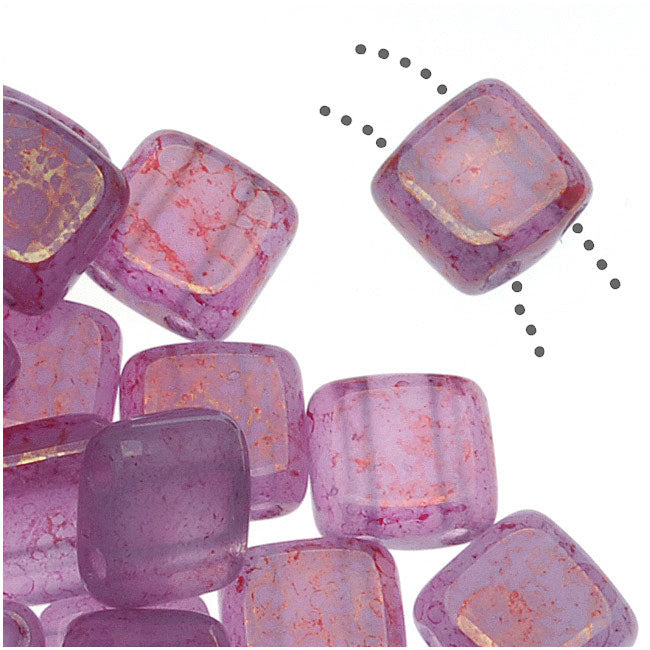 CzechMates Glass 2-Hole Square Tile Beads 6mm Pink Topaz / Milky Alexandrite (1 Strand)