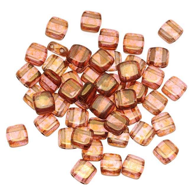 CzechMates Glass 2-Hole Square Tile Beads 6mm 'Rose / Gold Topaz Luster' (1 Strand)